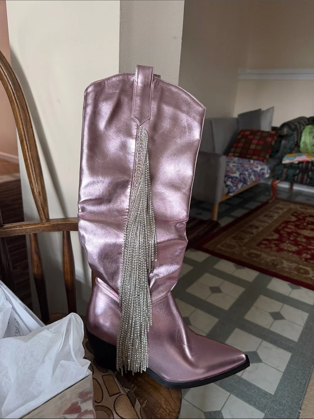 Metallic Pink Tassel-Trim Wedge Boots